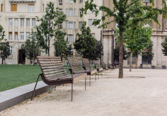 Fototapeta na wymiar Benches on the square in Budapest, Hungary