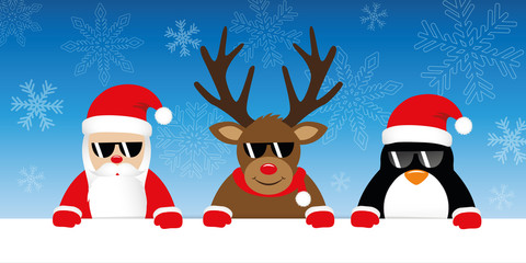 cute reindeer santa claus and penguin cartoon with sunglasses on snowy winter background for christmas vector illustration EPS10