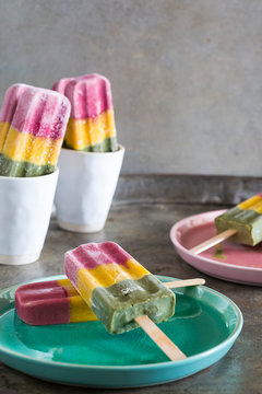 Healthy Traffic Light Iceblocks made with Beetroot Latte Powder, Tumeric Powder & Green Matcha Tea powder.