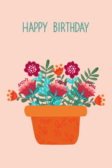 Happy birthday, Cute pot with flowers and lettering, template for card and your design. Hand drawing flat doodles vector Illustration