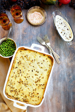 Shiitake Mushroom Wild Rice Shepard's Pie served with Peas and Gravy.