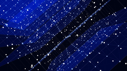 Blue translucent plates with a white coating in space. The connection plates with lines and dots on a dark background. 3d rendering.