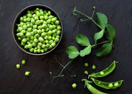 Freshly shelled organic green peas in a bowl beside opened pods.