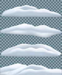 Snowbank set isolated on transparent blue background. Vector winter objects.