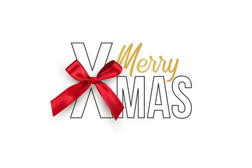Merry Xmas text with bow isolated on white background. Vector winter holiday design template.