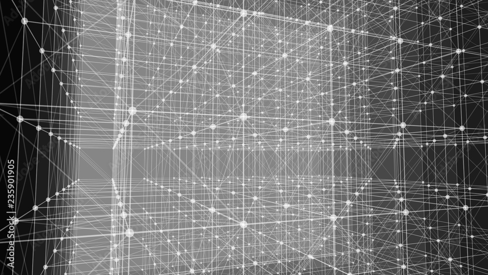 Poster white translucent plates in space. the connection plates with lines and dots on dark background. 3d 