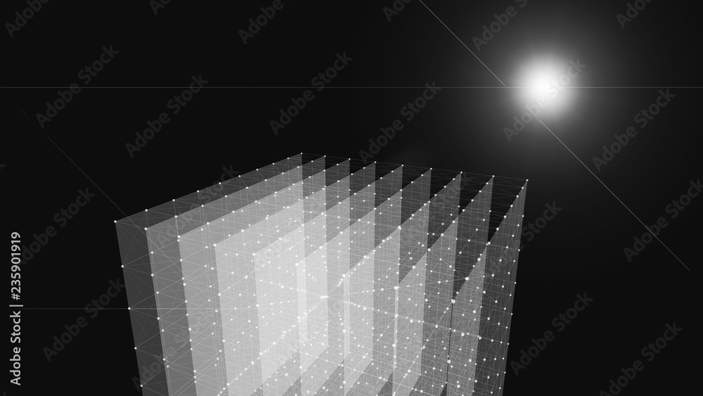 Poster white translucent plates in space. the connection plates with lines and dots on dark background. 3d 