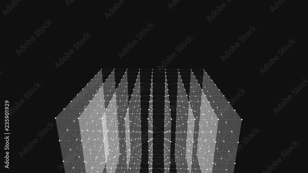 Poster white translucent plates in space. the connection plates with lines and dots on dark background. 3d 