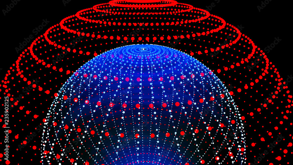 Poster abstract three-dimensional sphere of blue dots on dark background. rough wave shape. partial particl