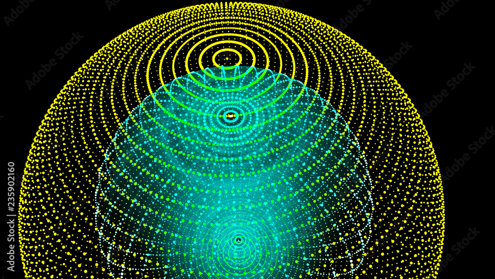 Poster abstract three-dimensional sphere of blue dots on dark background. rough wave shape. partial particl