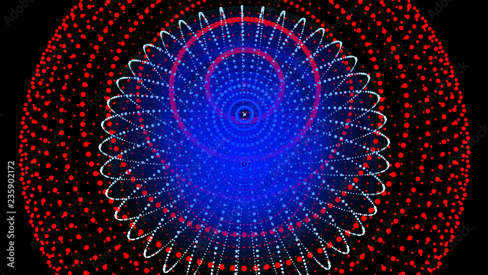 Poster abstract three-dimensional sphere of blue dots on dark background. rough wave shape. partial particl