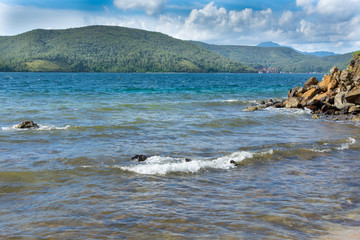 tropic beach and see , with blue sky and whit clouds