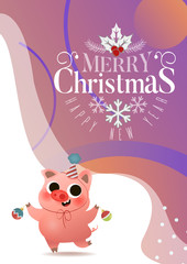 Obraz premium Cartoon cute piggy with Xmas tree toys greeting card