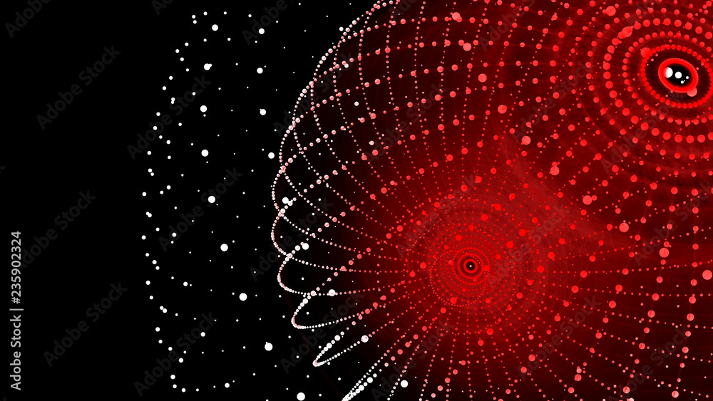 Poster abstract three-dimensional sphere of dots of red hue on dark background. rough wave shape. partial p