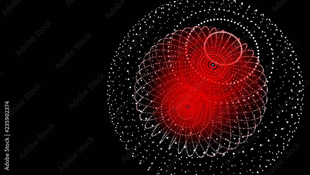 Poster abstract three-dimensional sphere of dots of red hue on dark background. rough wave shape. partial p