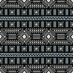 Seamless ethnic pattern. Colorful geometric vector ornament. Green, black, yellow and brown colors. Handmade.