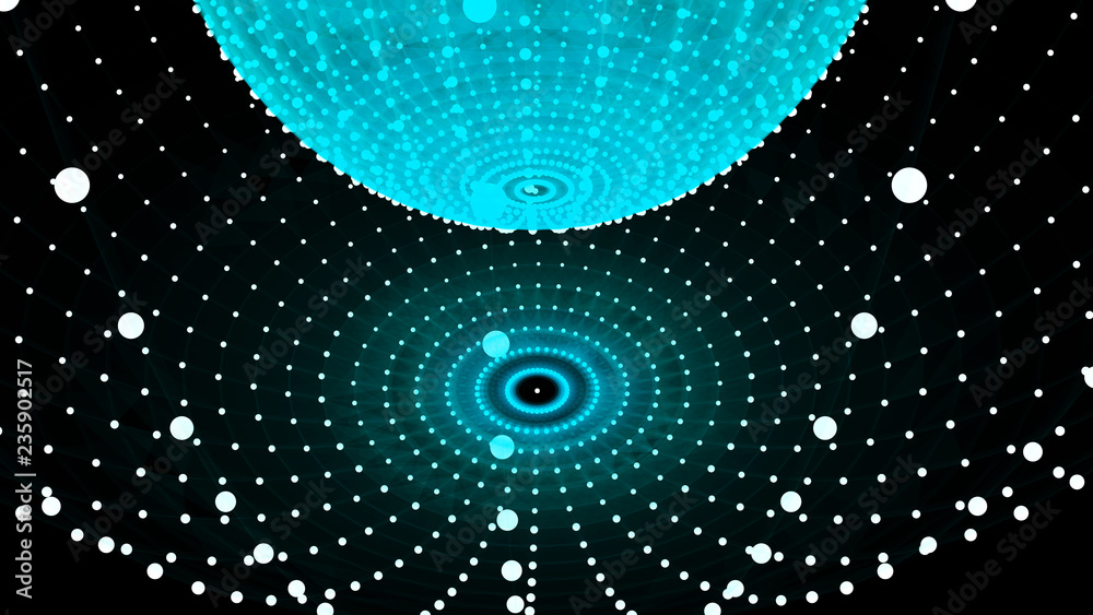 Poster abstract three-dimensional sphere of blue dots on dark background. rough wave shape. partial particl