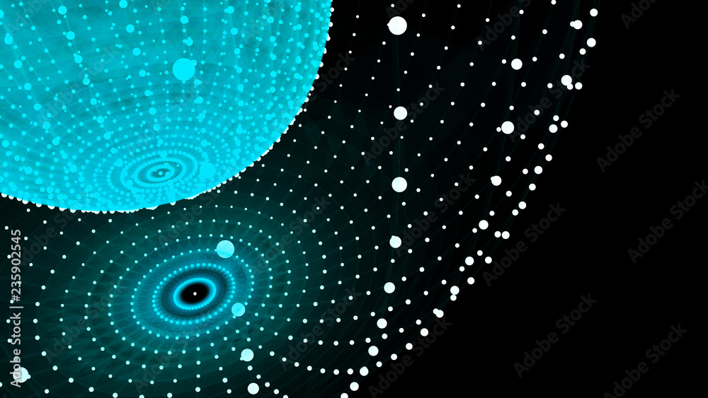 Poster abstract three-dimensional sphere of blue dots on dark background. rough wave shape. partial particl