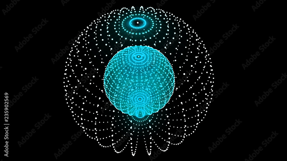 Poster abstract three-dimensional sphere of blue dots on dark background. rough wave shape. partial particl