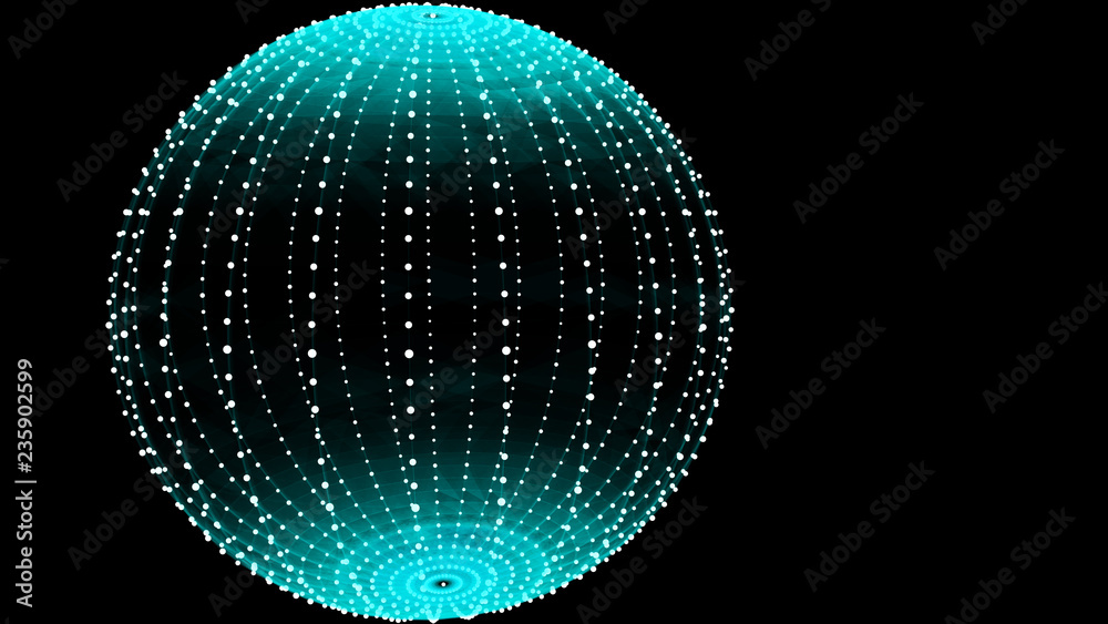 Poster abstract three-dimensional sphere of blue dots on dark background. rough wave shape. partial particl