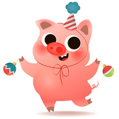 Cartoon cute piggy with Xmas tree toys greeting card