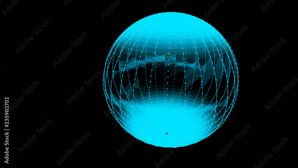 Poster abstract glossy sphere of blue tint on dark background. particles. 3d abstract noisy pulsating spher