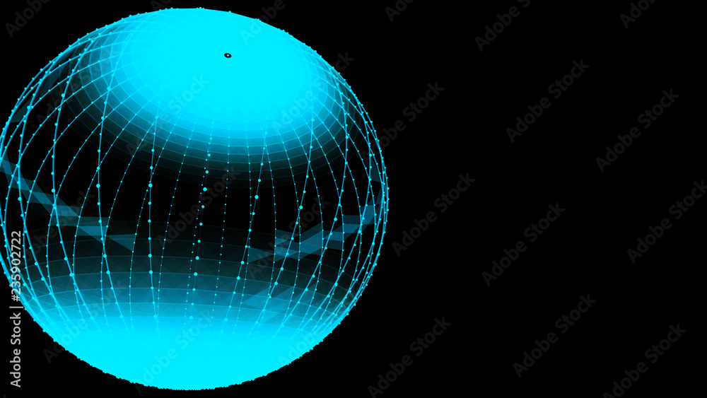 Poster abstract glossy sphere of blue tint on dark background. particles. 3d abstract noisy pulsating spher