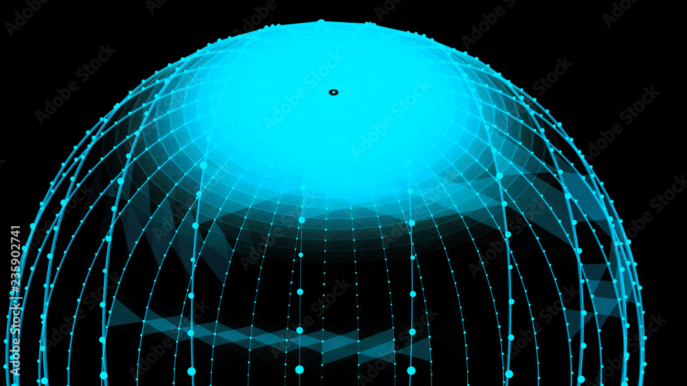 Poster abstract glossy sphere of blue tint on dark background. particles. 3d abstract noisy pulsating spher