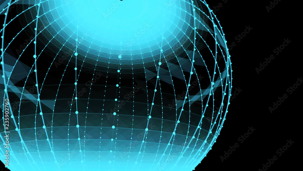 Poster abstract glossy sphere of blue tint on dark background. particles. 3d abstract noisy pulsating spher