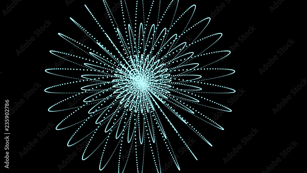 Poster abstract three-dimensional sphere of blue dots on dark background. rough wave shape. partial particl