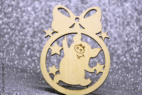 Wooden Chinese New Year Toy With Funny Pig And Stars On Beautiful