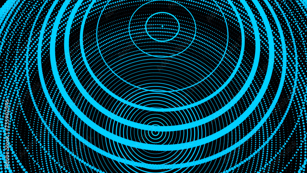 Poster abstract three-dimensional sphere of blue dots on dark background. rough wave shape. partial particl