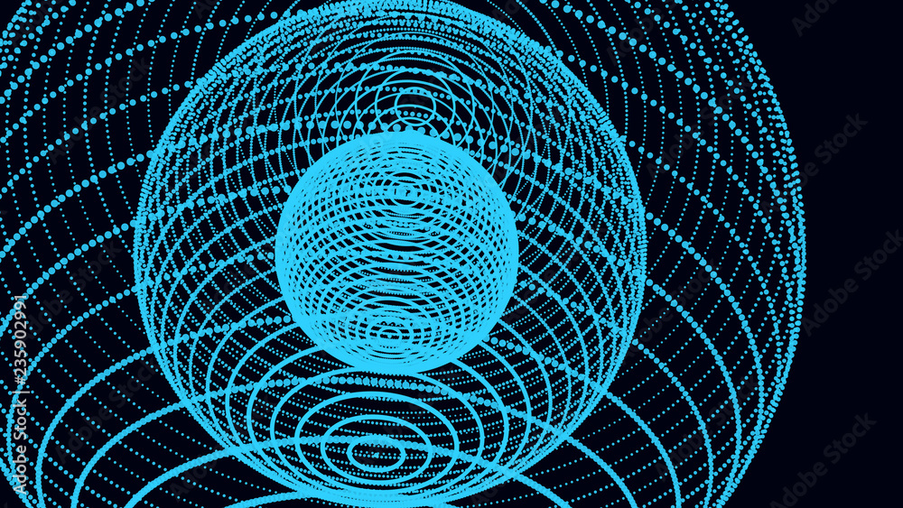 Poster abstract three-dimensional sphere of blue dots on dark background. rough wave shape. partial particl