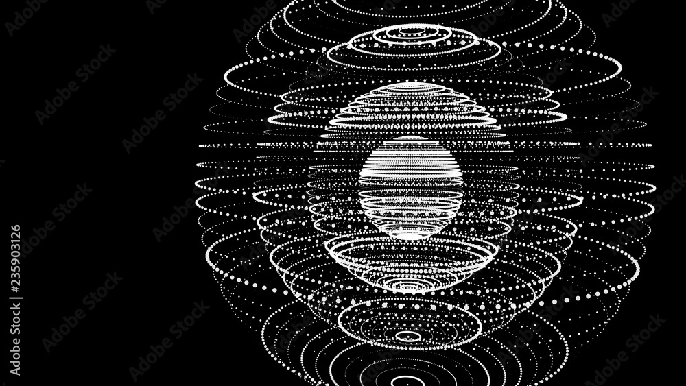 Poster abstract three-dimensional sphere of dots on dark background. rough wave form. partial particles. 3d