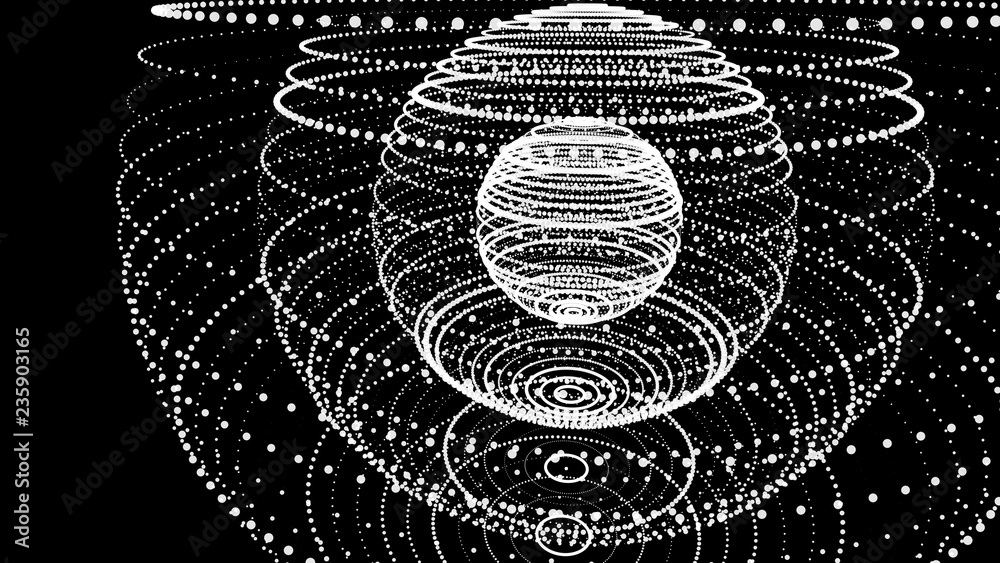 Poster abstract three-dimensional sphere of dots on dark background. rough wave form. partial particles. 3d