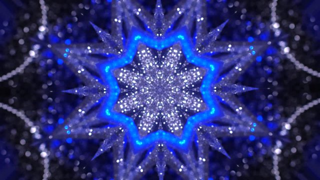 Christmas mandala-snowflake kaleidoscope sequence. Abstract background. Kaleidoscopic. Mirror prism creating toy effect, with shimmering lights and fast changing shapes