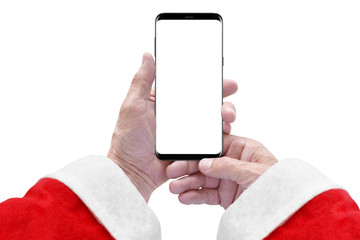 Old Santa Claus holding modern smartphone with empty screen in hands, isolated on white background, mockup
