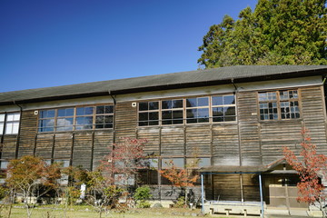 木造校舎の小学校と紅葉