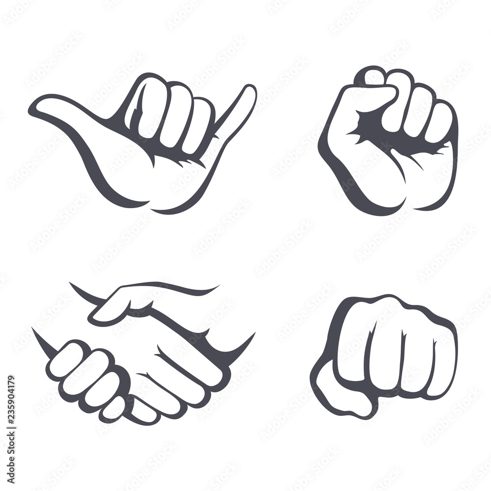 Wall mural vector hands set. different gestures: hang loose, handshake, fist.