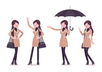 Obraz premium Woman in autumn wear with umbrella positive emotions