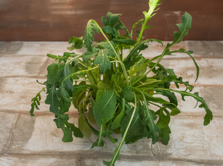 A bunch of fresh green arugula close-up on wooden table