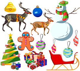 Set for happy Christmas and new year, cartoon icons and illustrations