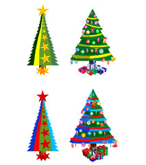 Star decorations, balls and light chains decorated Christmas trees with lots of gift boxes.