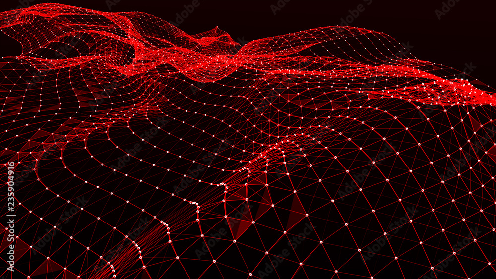 Poster Abstract polygonal space. Network connection structure. Dark background with connecting dots and lines. Big data digital background. 3d rendering.