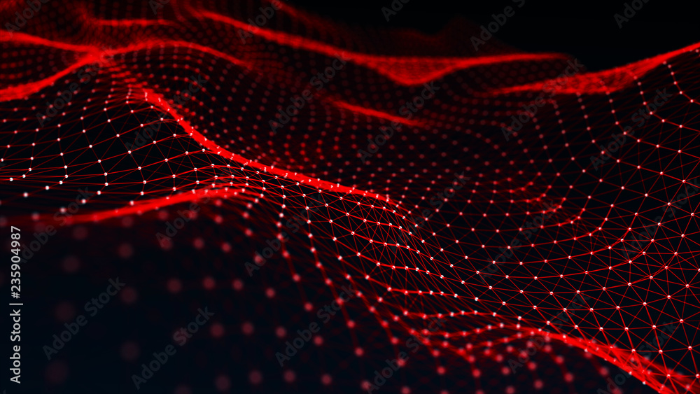 Poster Abstract polygonal space. Network connection structure. Dark background with connecting dots and lines. Big data digital background. 3d rendering.
