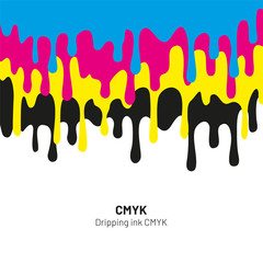 Dripping ink CMYK stain. Liquid ink, paint drip. Vector illustration.
