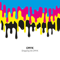 Dripping ink CMYK stain. Liquid ink, paint drip. Vector illustration.