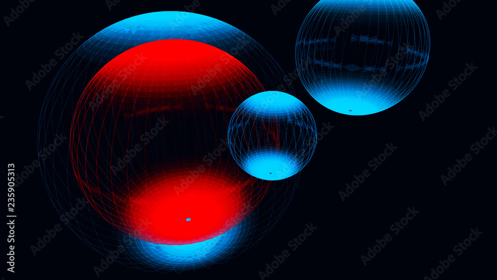 Poster abstract glossy sphere of red and blue tint on dark background. particles. 3d abstract noisy pulsati