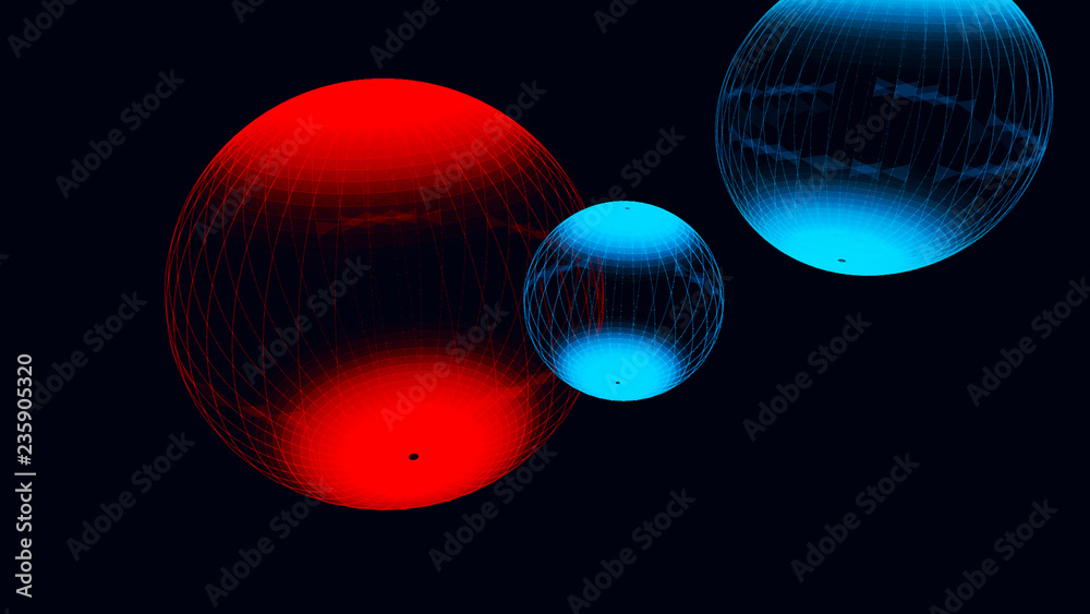 Poster abstract glossy sphere of red and blue tint on dark background. particles. 3d abstract noisy pulsati