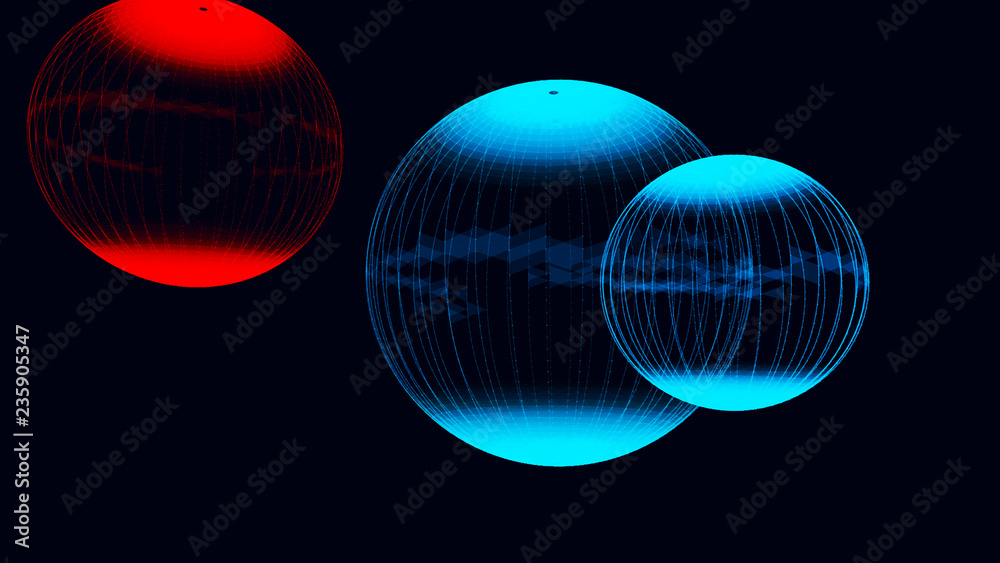 Poster abstract glossy sphere of red and blue tint on dark background. particles. 3d abstract noisy pulsati